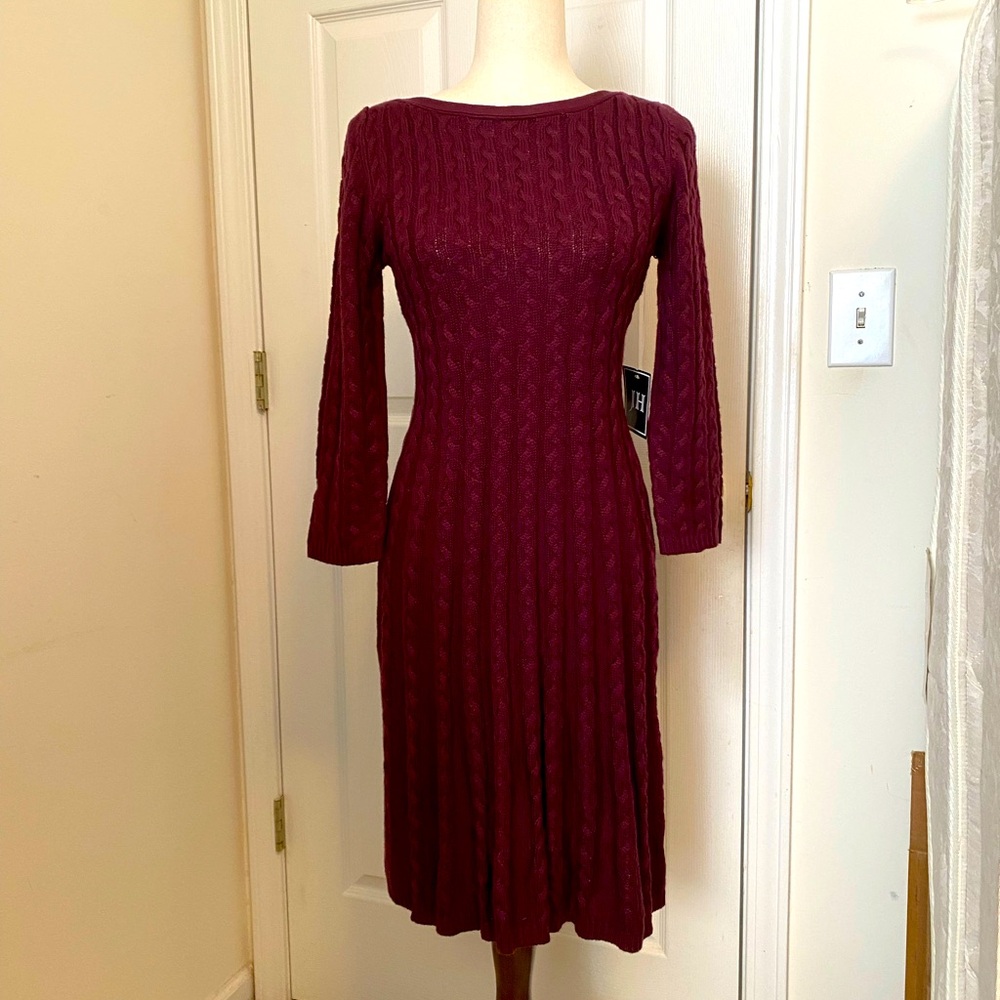 JH Design Burgendi Red Long Sleeves Midi Lenght Knit Dress Size S